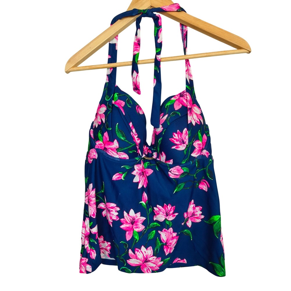 Sol Collective Navy Blue Pink Floral Halter Tankini Swim Top 36D CA34371